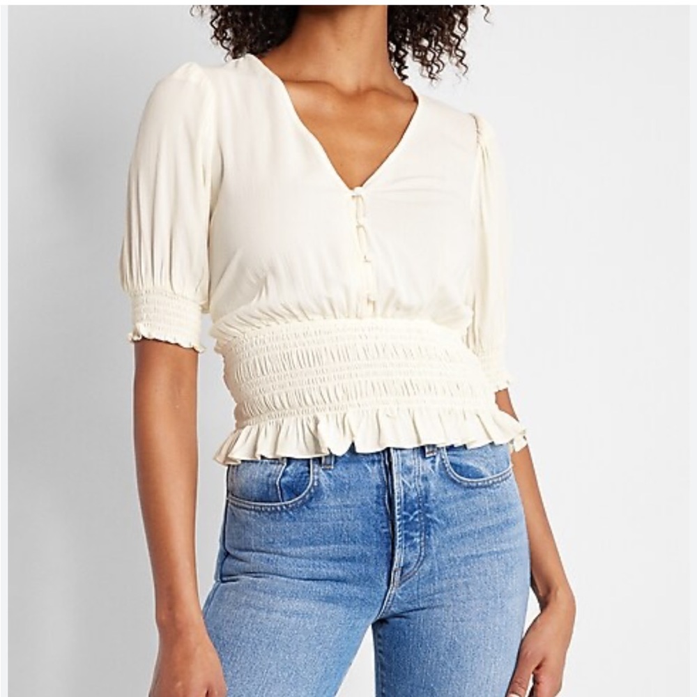 NWT Express White V-Neck Button Front Smocked Waist Top
